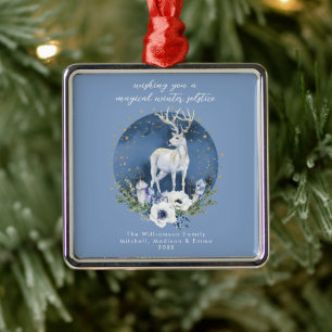 Winter Solstice Holiday Deer Blue White Christmas Metal Ornament