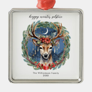 Winter Solstice Holiday Deer Wreath Yule Christmas Metal Ornament