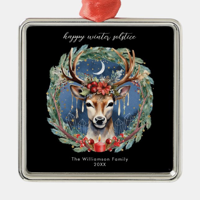 Winter Solstice Holiday Deer Wreath Yule Christmas Metal Ornament (Front)
