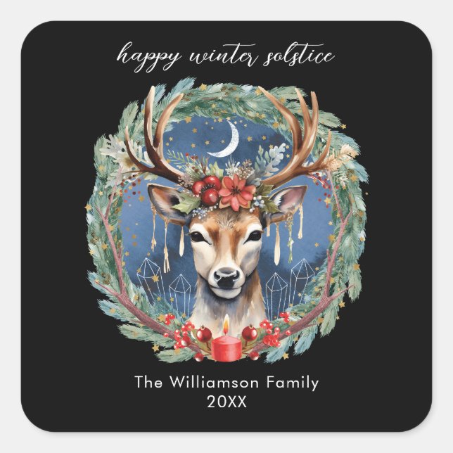Winter Solstice Holiday Deer Wreath Yule Christmas Square Sticker (Front)