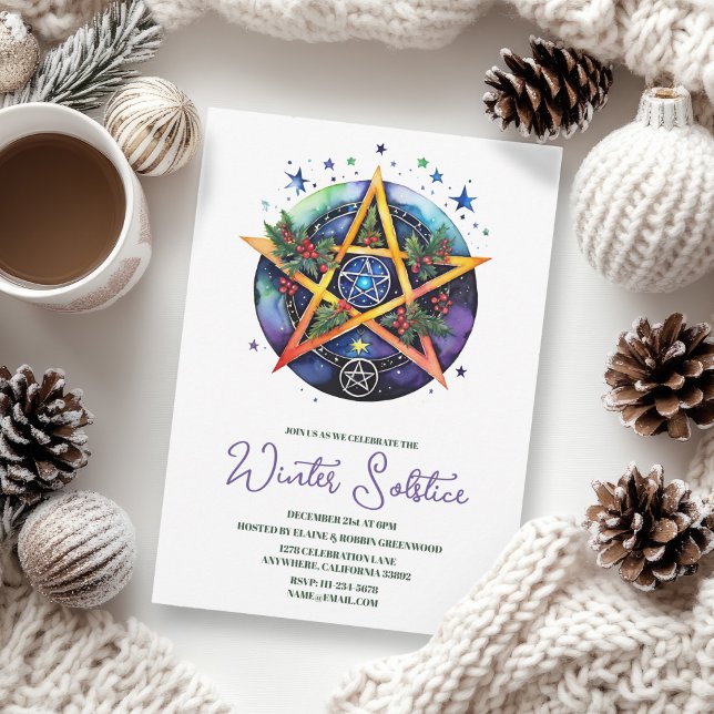 Winter Solstice Holly Yule Pentacle Pagan Invitation (Winter Solstice Floral Yule Pentacle Pagan Invitation)
