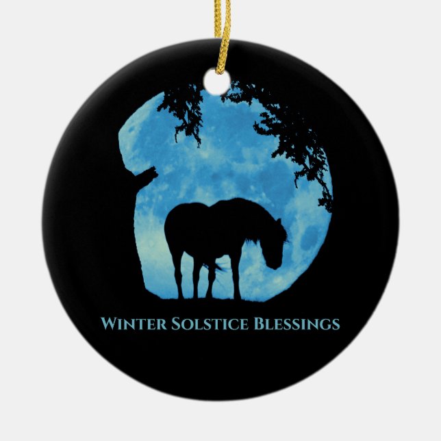 Winter Solstice Horse and Oak Tree Blessings Ceramic Ornament (Front)