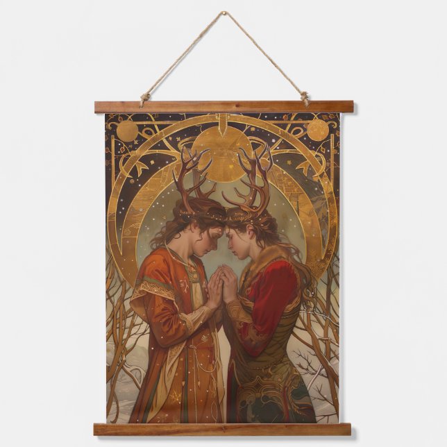 Winter Solstice Lovers Wood Topped Wall Tapestry (Front)