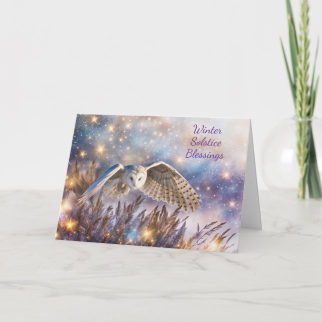 Winter Solstice Magical White Owl Flying Yule  Card (Front)
