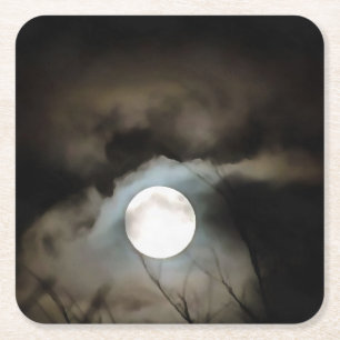 Winter Solstice Moon Celestial Art Square Paper Coaster