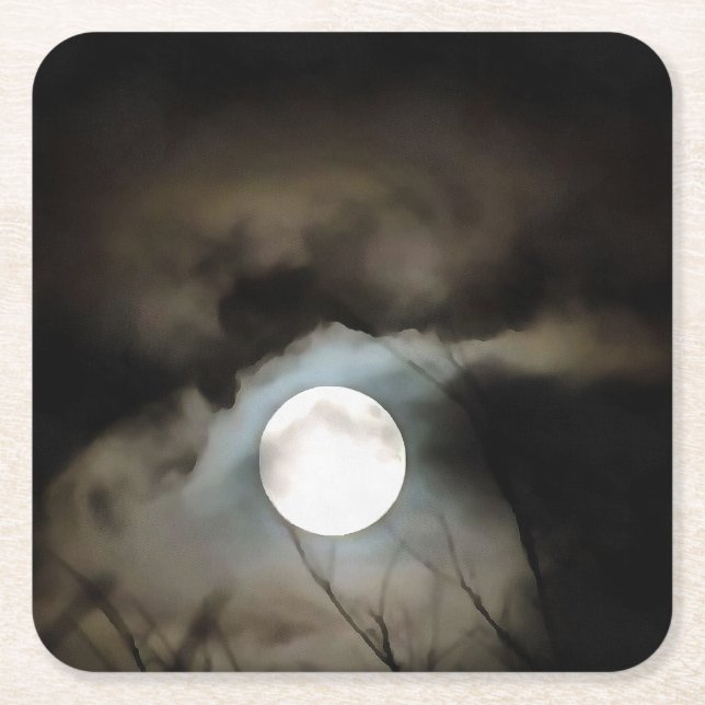 Winter Solstice Moon Celestial Art Square Paper Coaster (Front)