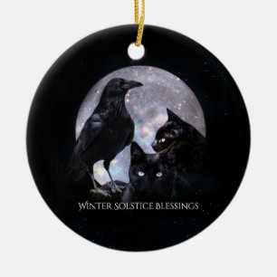 Winter Solstice Raven and Black Cats With Blessing Ceramic Ornament