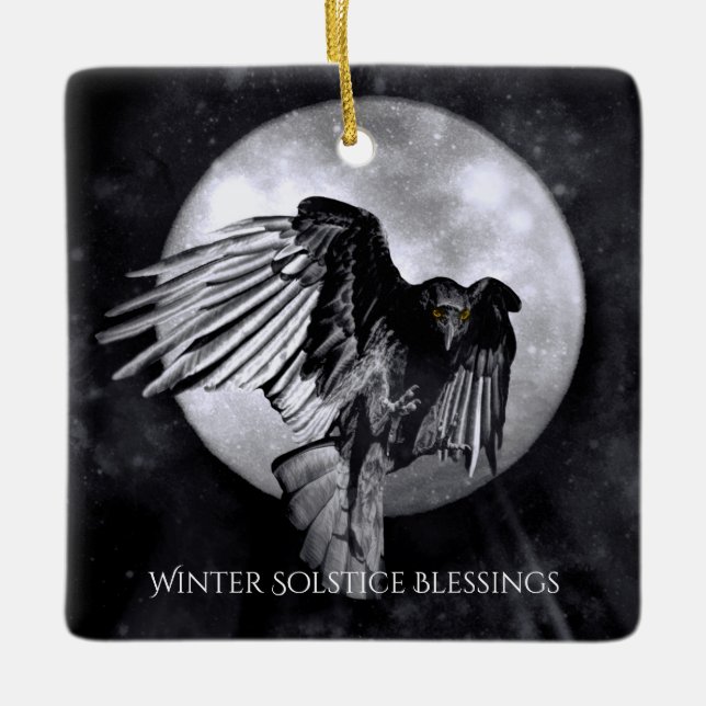 Winter Solstice Raven and Moon Ceramic Ornament (Front)