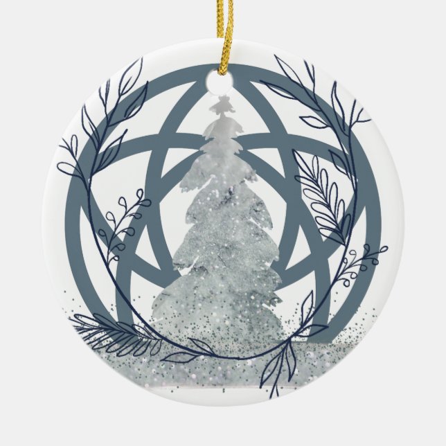 Winter Solstice Snow Glitter Tree Custom Name Ceramic Ornament (Front)