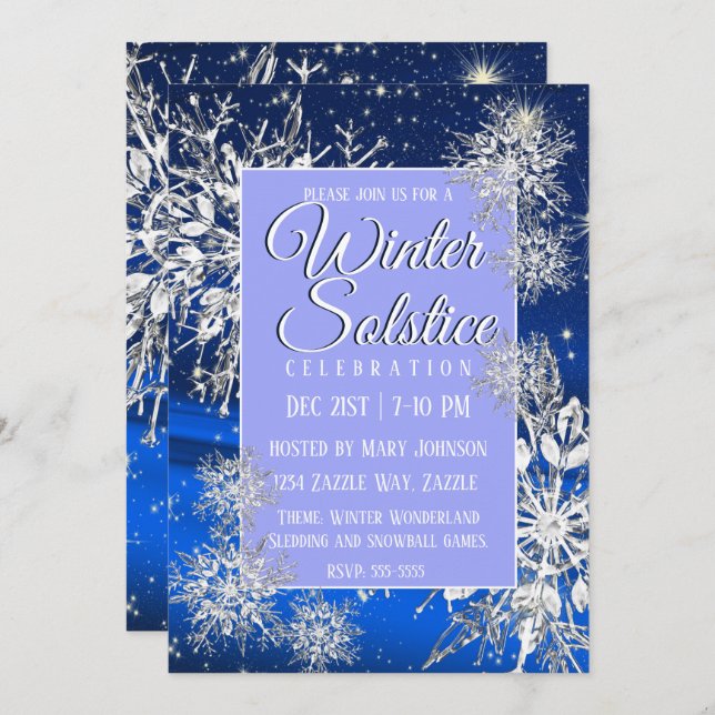 Winter Solstice Snowflake Flurry Blue Invitation (Front/Back)