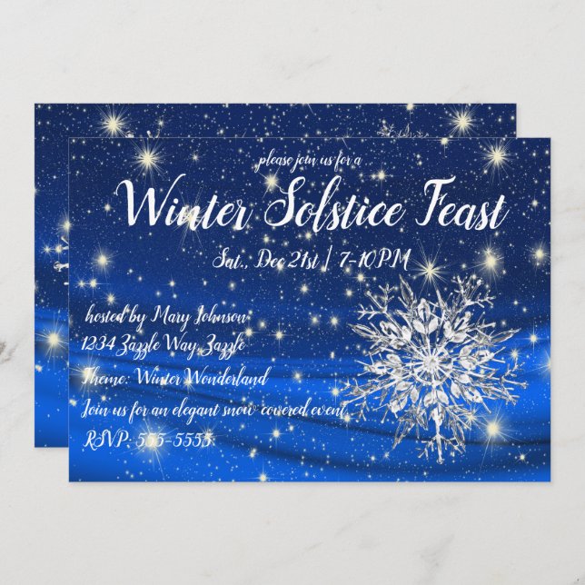 Winter Solstice Snowflakes on Blue Invitation (Front/Back)
