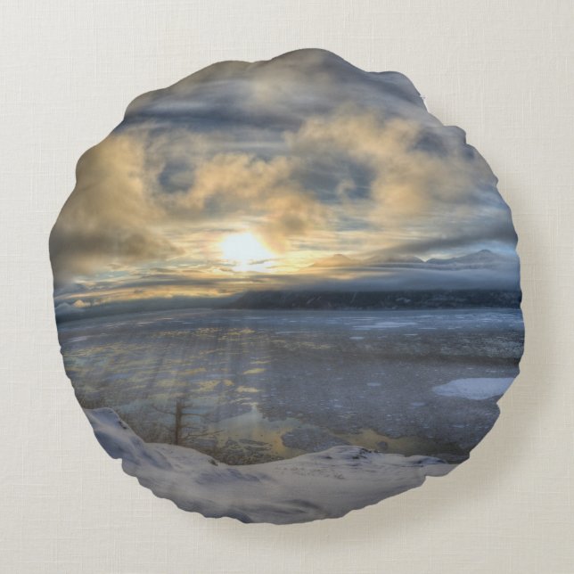 Winter Solstice Turnagain Arm Round Cushion (Back)