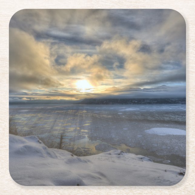 Winter Solstice Turnagain Arm Square Paper Coaster (Front)