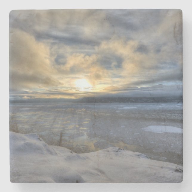 Winter Solstice Turnagain Arm Stone Coaster (Front)