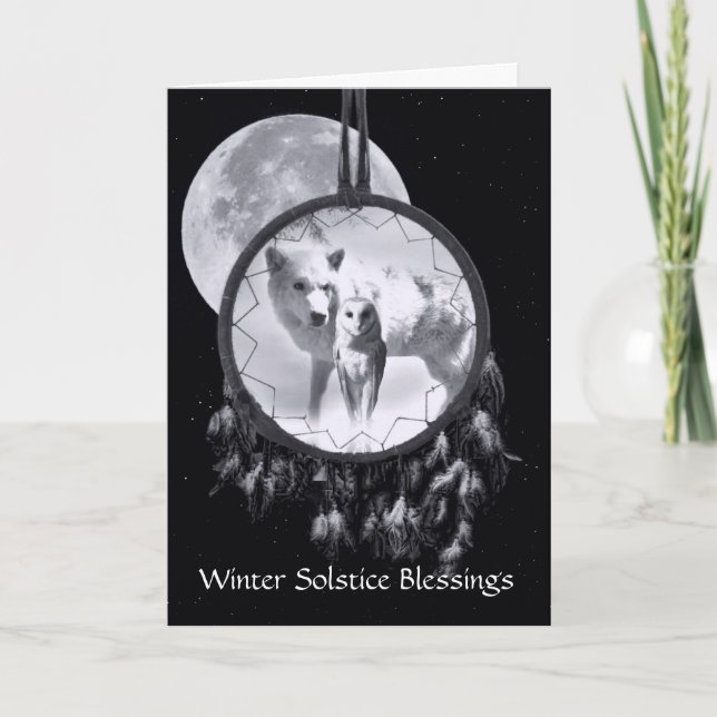 Winter Solstice White Wolf and Owl Dreamcatcher Card (Front)