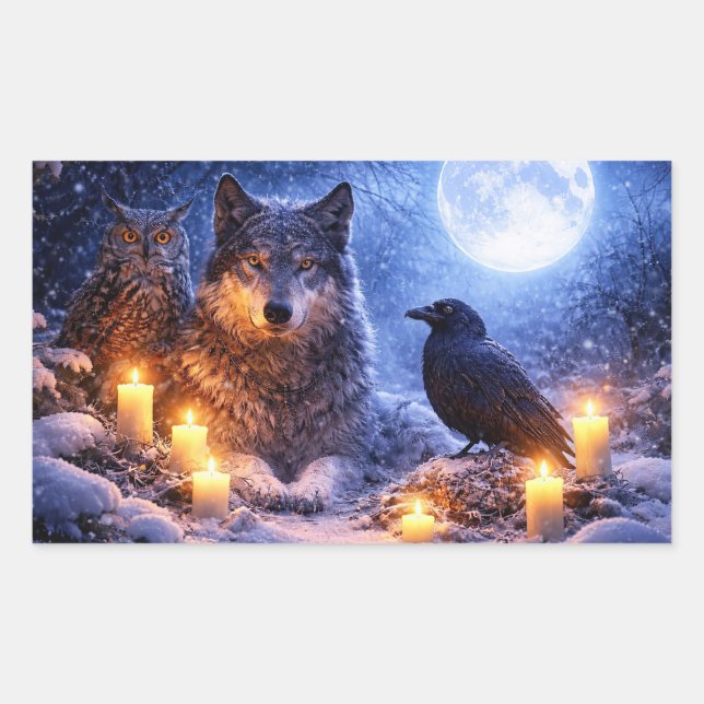 Winter Solstice Wolf Owl and Raven Mystical Rectangular Sticker (Front)