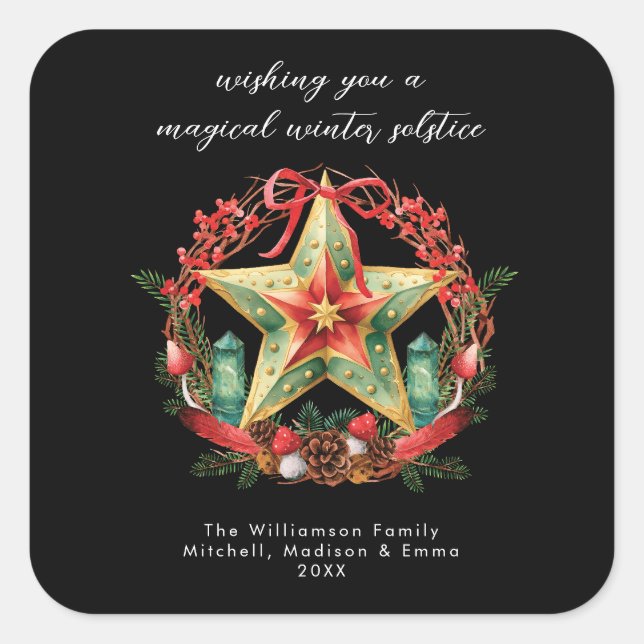 Winter Solstice Wreath Star Holiday Christmas Yule Square Sticker (Front)