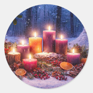 Winter Solstice Yule Christmas Candles in the Snow Classic Round Sticker