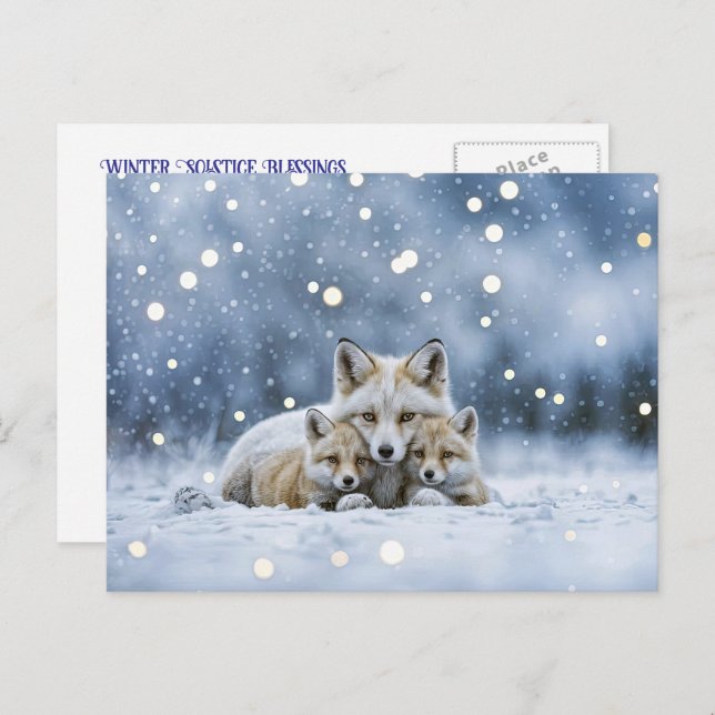 Winter Solstice Yule Foxes in Snow Holiday Postcard (Front/Back)
