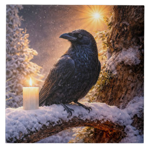 Winter Solstice Yule Raven and Snow Ceramic Tile
