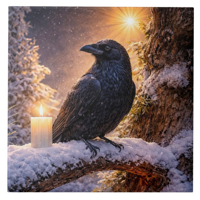 Winter Solstice Yule Raven and Snow  Ceramic Tile (Front)