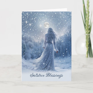 Winter Solstice Yule Snow and Moon Stars Blessing Card