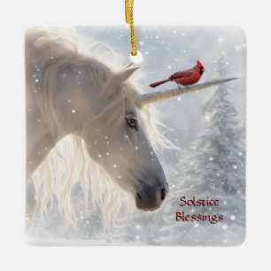 Winter Solstice Yule Unicorn Snow Ceramic Ornament