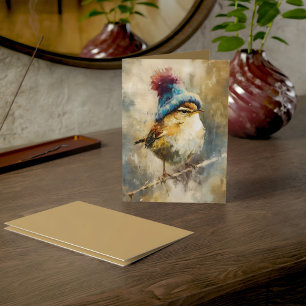 Winter Songbird in Knit Hat   Fawn Greeting Card
