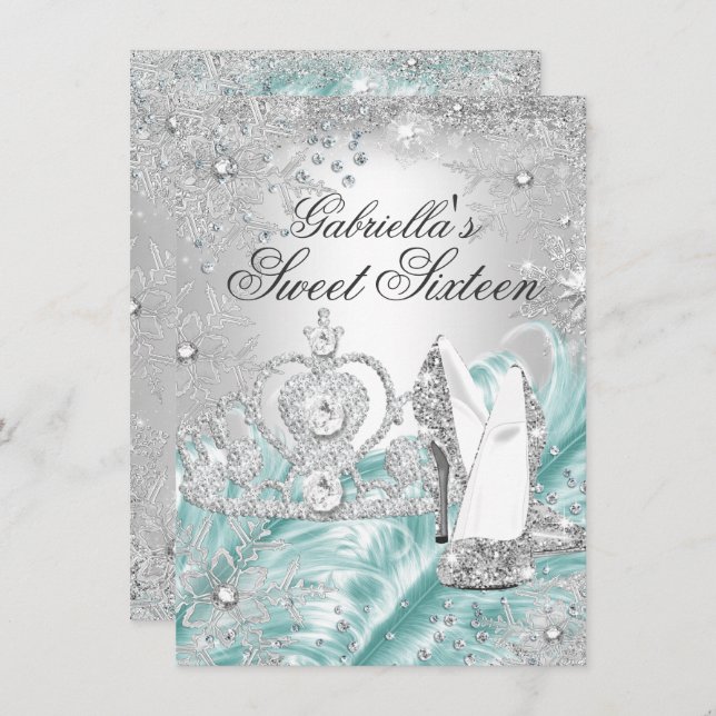 Winter Sparkle Snowflake Blue Sweet 16 Invite (Front/Back)