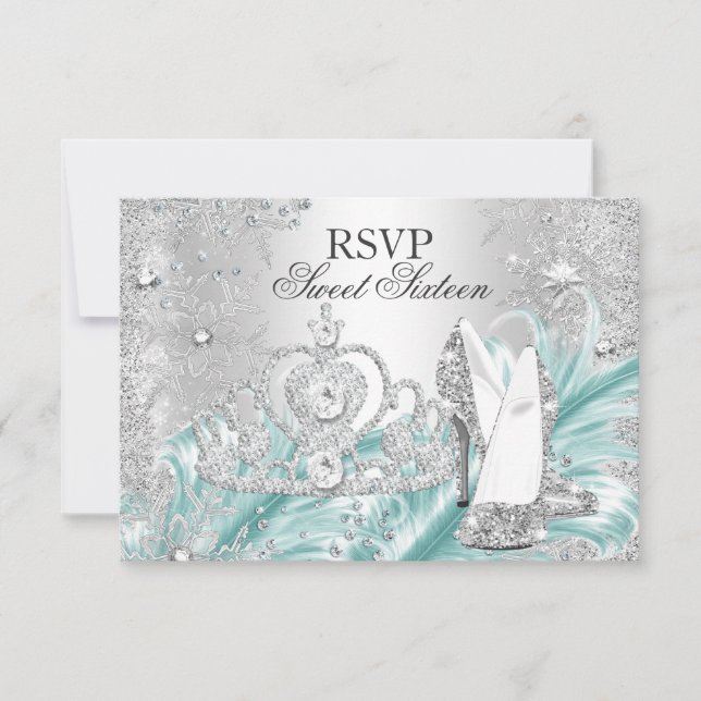 Winter Sparkle Snowflake Blue Sweet 16 RSVP Card (Front)