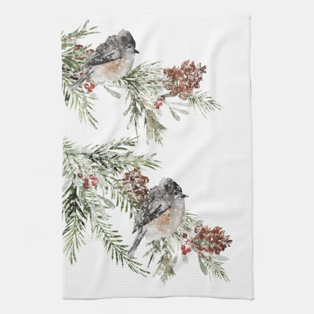 Winter Sparrow Birds Spruce Tree Cones & Berries Tea Towel (Vertical)