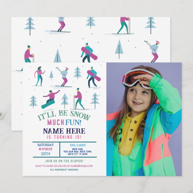 Winter Sports Birthday Girls Ski Snowboard Photo Invitation (Front/Back)