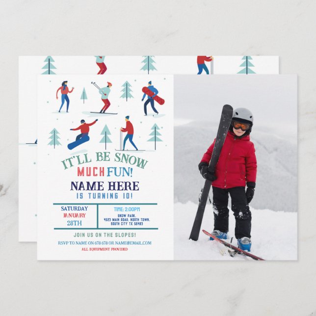 Winter Sports Birthday Party Ski Snowboard Photo Invitation (Front/Back)