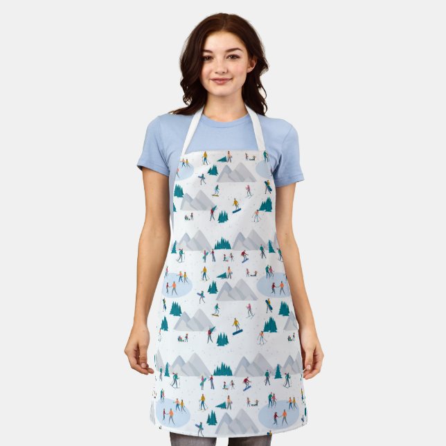 Winter Sports Holiday Fun Pattern Apron (Worn)