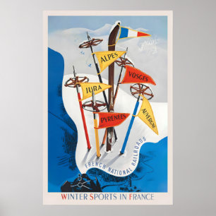 Winter Sports in France Jura Alpes Vosges Pyrenees Poster