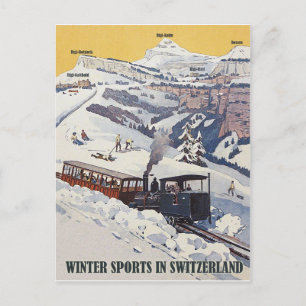 Winter sports in Switzerland, vintage travel Postcard