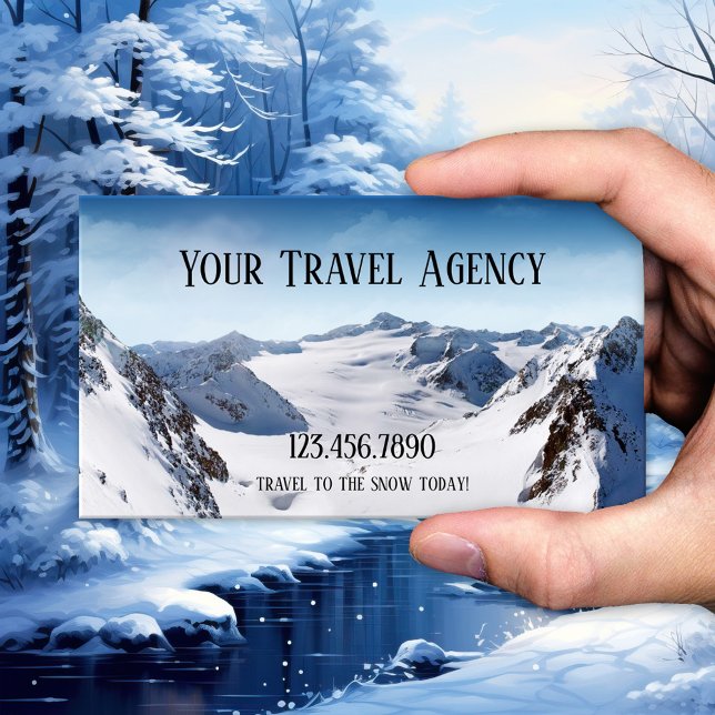 Winter Sports Travel Agency Business Card (Business card featuring a landscape of snow covered mountains - travel - ski -  winter sports)