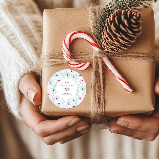 Winter Sprig Pattern | Minimal Pine Branch & Berry Classic Round Sticker (Creator Uploaded)