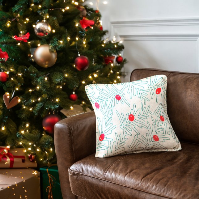 Winter Sprig Pattern | Minimal Pine Branch & Berry Cushion (Creator Uploaded)