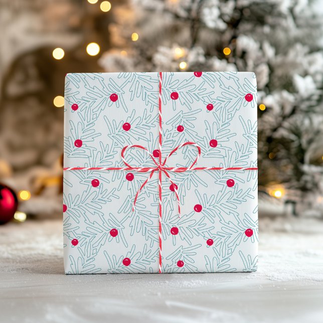 Winter Sprig Pattern | Minimal Pine Branch & Berry Wrapping Paper (Creator Uploaded)