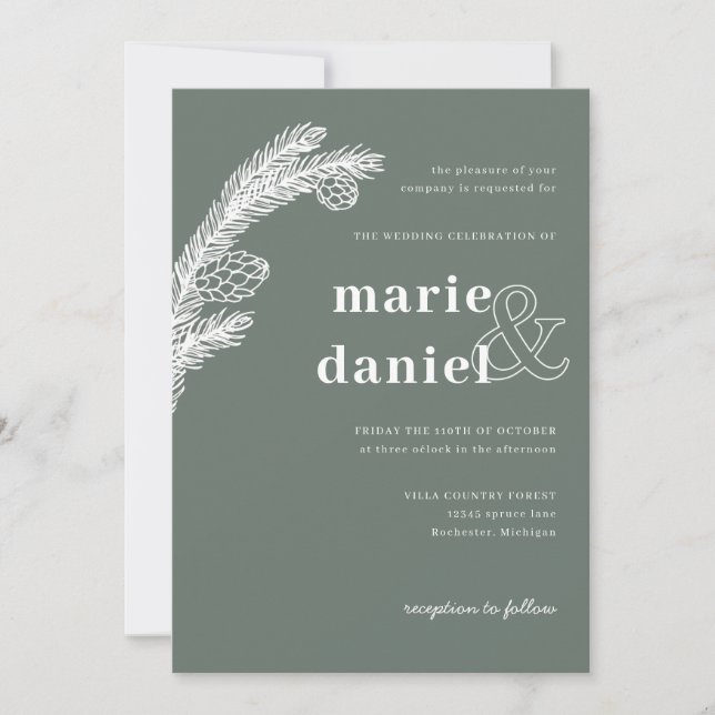 winter spruce on green wedding invite (Front)