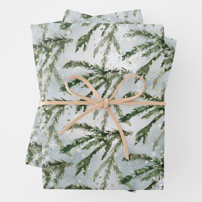 Winter Spruce Tree Branch Under Golden Snow Wrapping Paper Sheet (In situ)