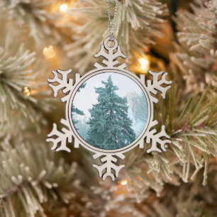 Winter spruce tree with snow snowflake pewter christmas ornament