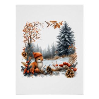 Winter Squirrel in Frosted Forest Poster