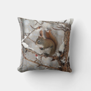 Winter Squirrel, Snow & Red Berries Xmas Design Cushion