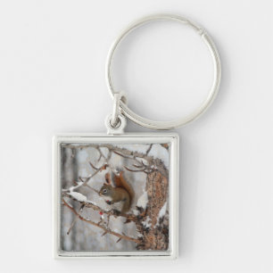 Winter Squirrel, Snow & Red Berries Xmas Design Key Ring