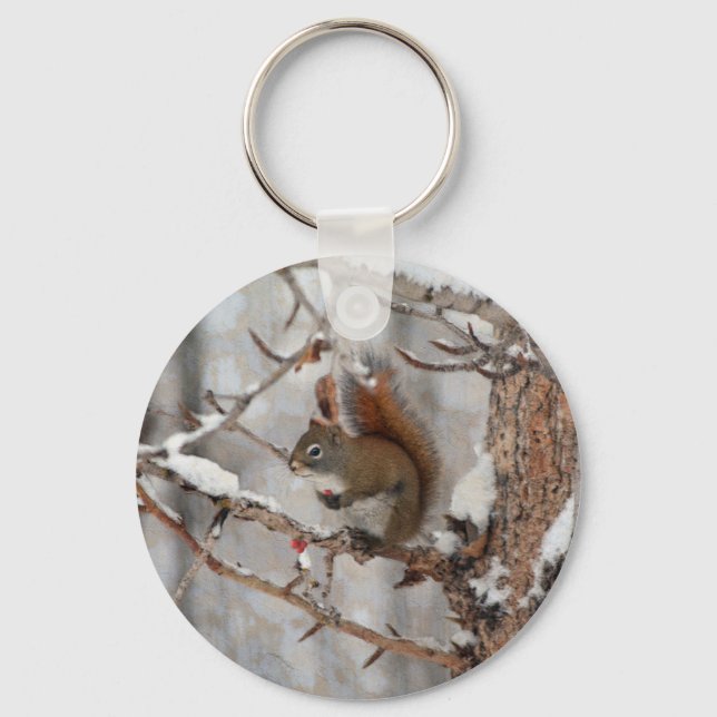 Winter Squirrel, Snow & Red Berries Xmas Design Key Ring (Front)