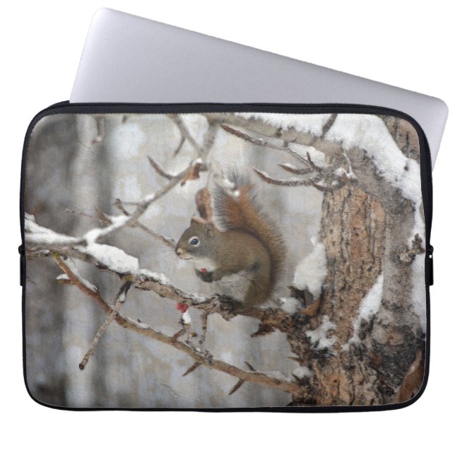 Winter Squirrel, Snow & Red Berries Xmas Design Laptop Sleeve (Front)