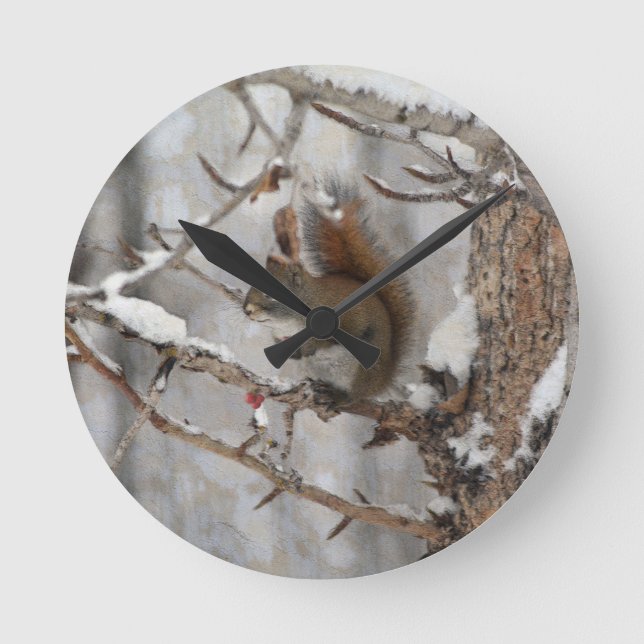 Winter Squirrel, Snow & Red Berries Xmas Design Round Clock (Front)