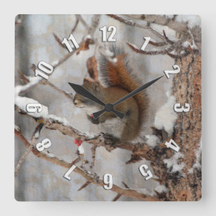 Winter Squirrel, Snow & Red Berries Xmas Design Square Wall Clock